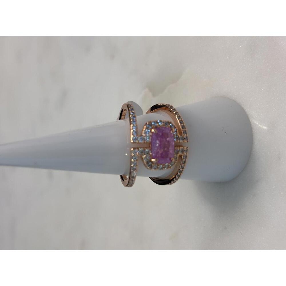 BOMB PARTY JEWRose Gold Tone Ring with Pink Stone and Clear Accent Stones Size 8